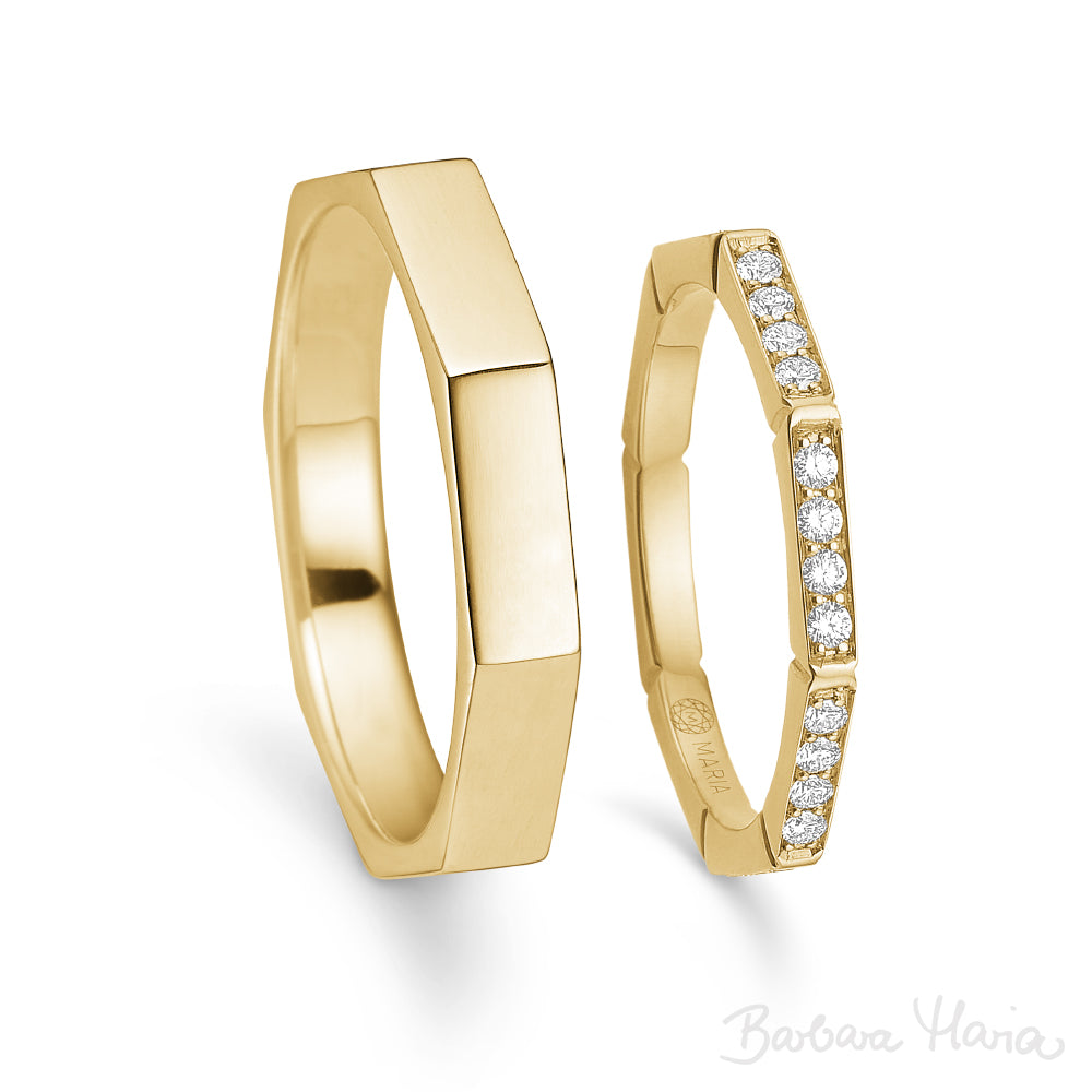 Devoted 14kt vielsesringe i guld m. 0,20ct TW/VS brillanter
Ottekantede ringe i et nyt anderledes design til dem, der ønsker forlovelses- eller vielsesringe, der skiller sig ud og giver karakter. Ringene er inspireret af diamantens originale ottekantede