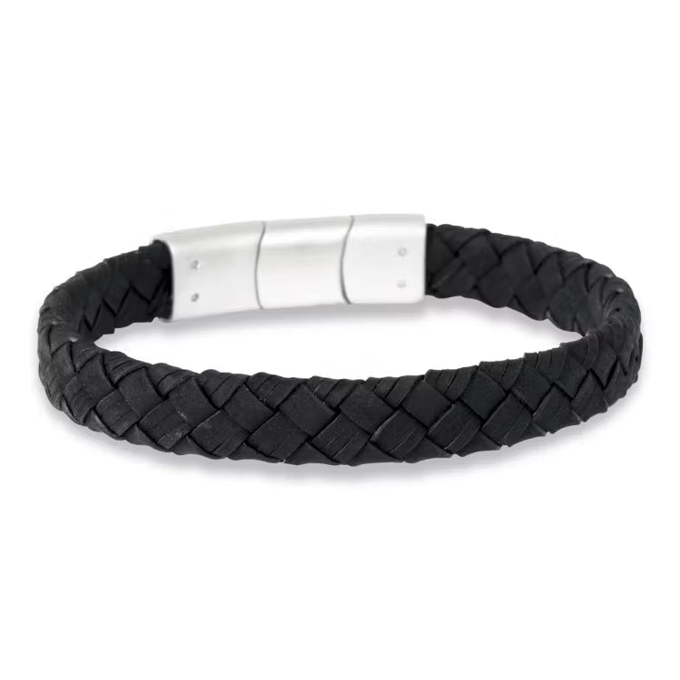 Sort læderarmbånd med stål - 8465