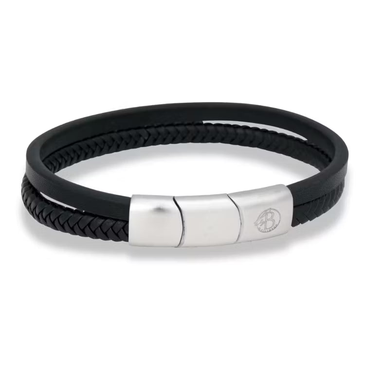 Sort læderarmbånd med stål - 8185