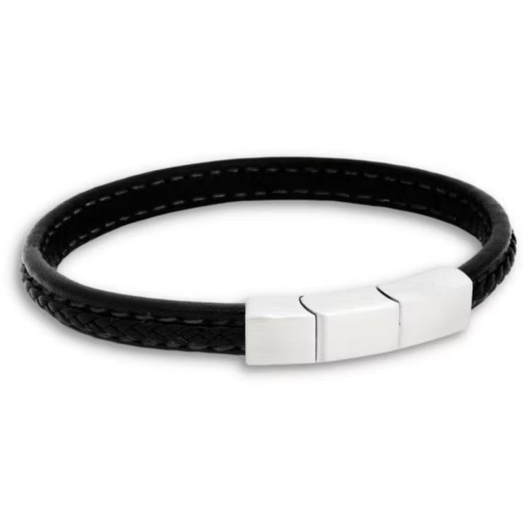 Sort læderarmbånd med stål - 8119