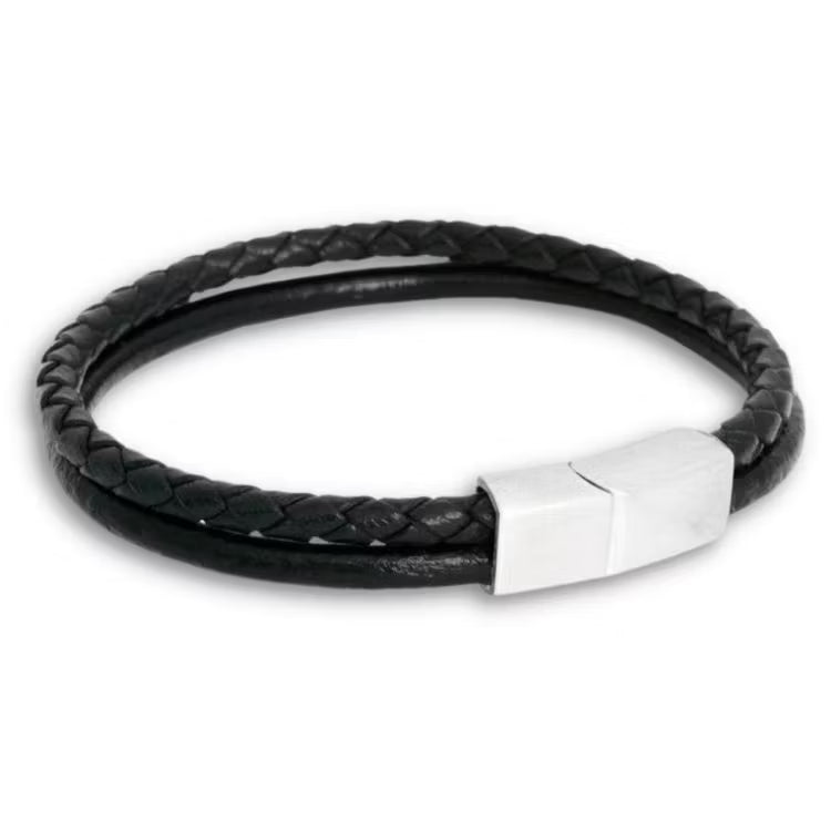 Sort læderarmbånd med stål - 8109