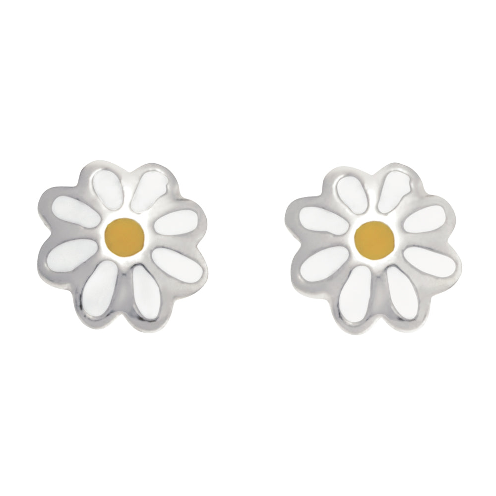 Rhod. sølvørestikker blomst m/hvid og gul emalje