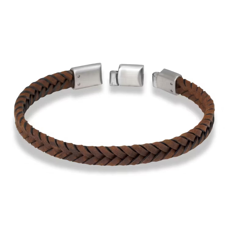 brunt læderarmbånd med stål - 8497