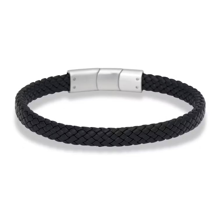 sort læderarmbånd meed stål - 8498
