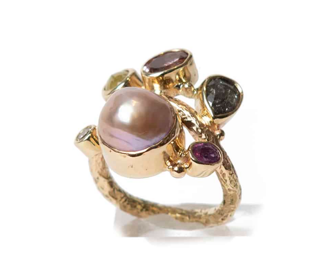 Athena guld ring med diamant, safir og perle