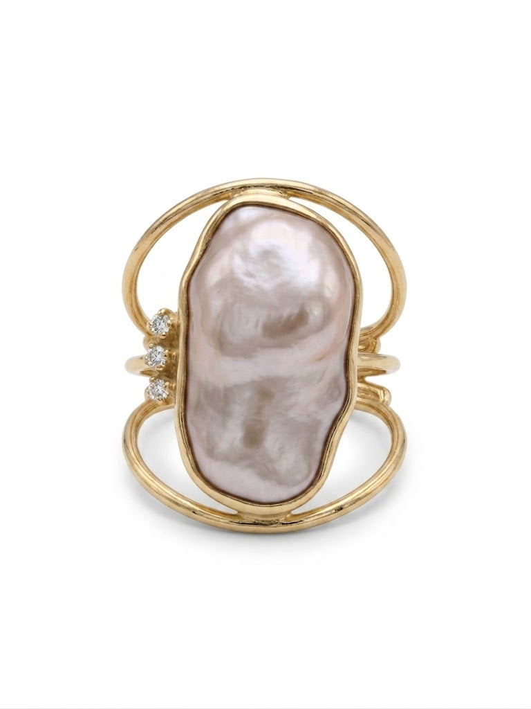 Athena guld ring med perle og 3 brillanter