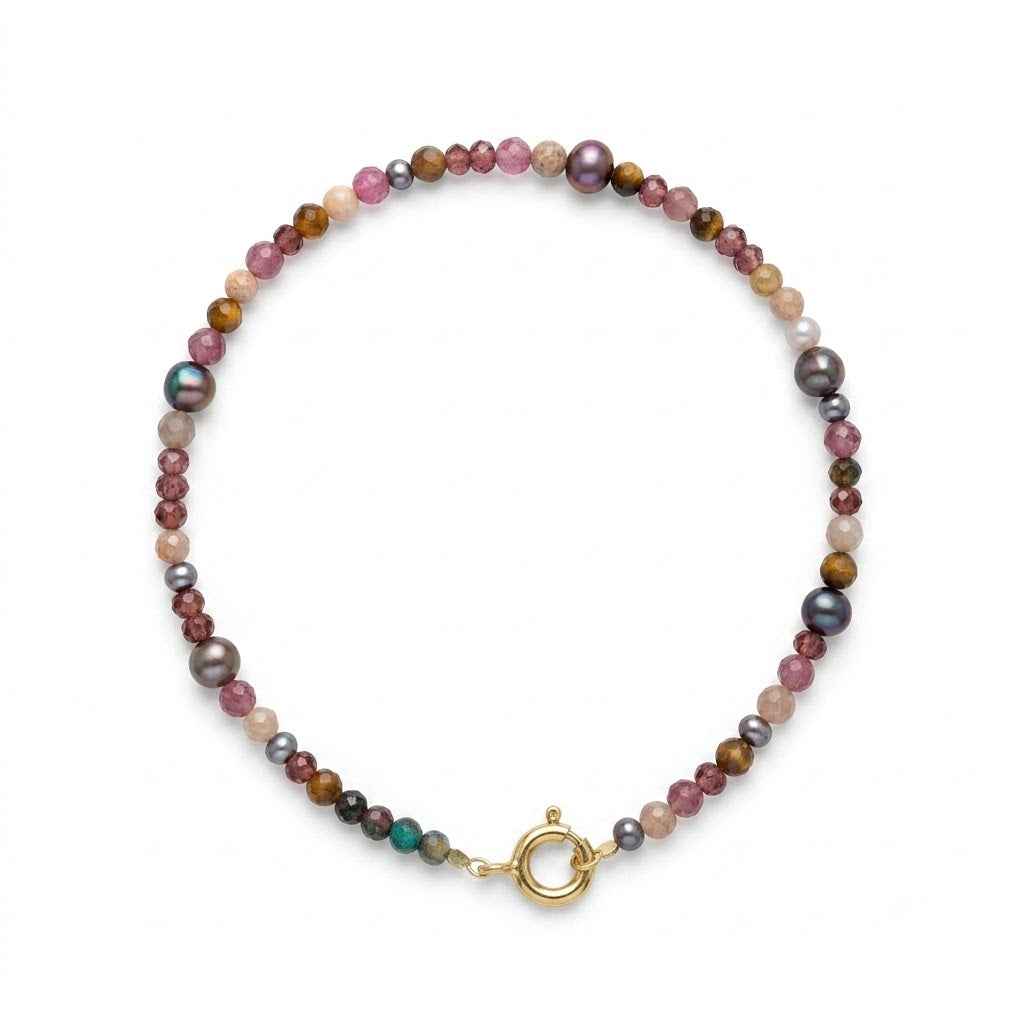 Armbånd m. Tigerøje, granat, turmalin, månesten, ferskvandsperler - 55004TØGRTUMÅPE