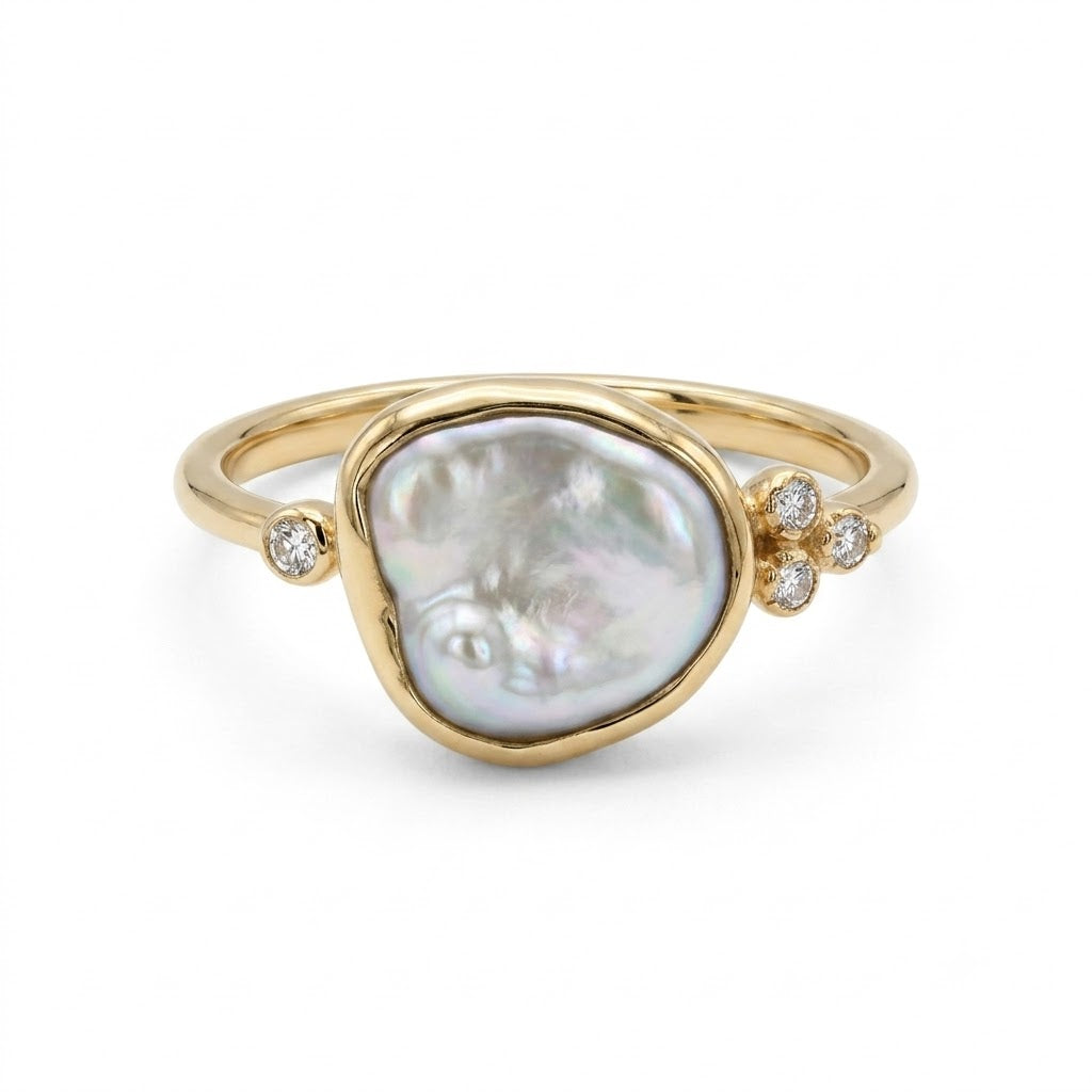 Athena guld ring med barok perle og brillanter