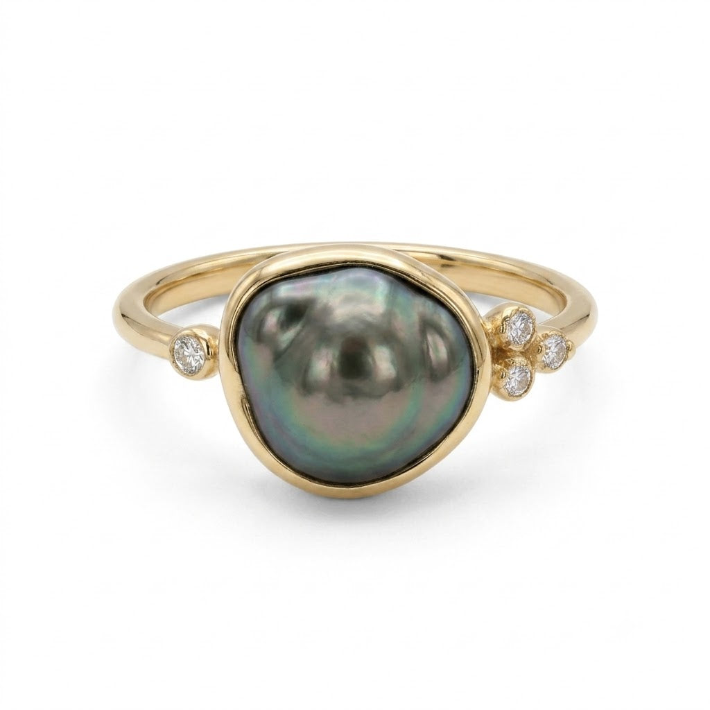Athena guld ring med barok tahitiperle og brillanter