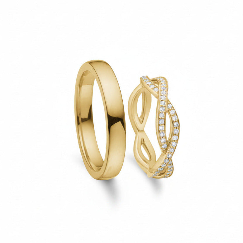Eternity forlovelsesringe eller vielsesringe i 14kt guld. Dameringen er blødt flettet hele vejen rundt, hvilket er en fordel, når ringen drejer rundt på fingeren ved brug. Der er indfattet hele 0.50ct TW/VS brillanter i ringen.