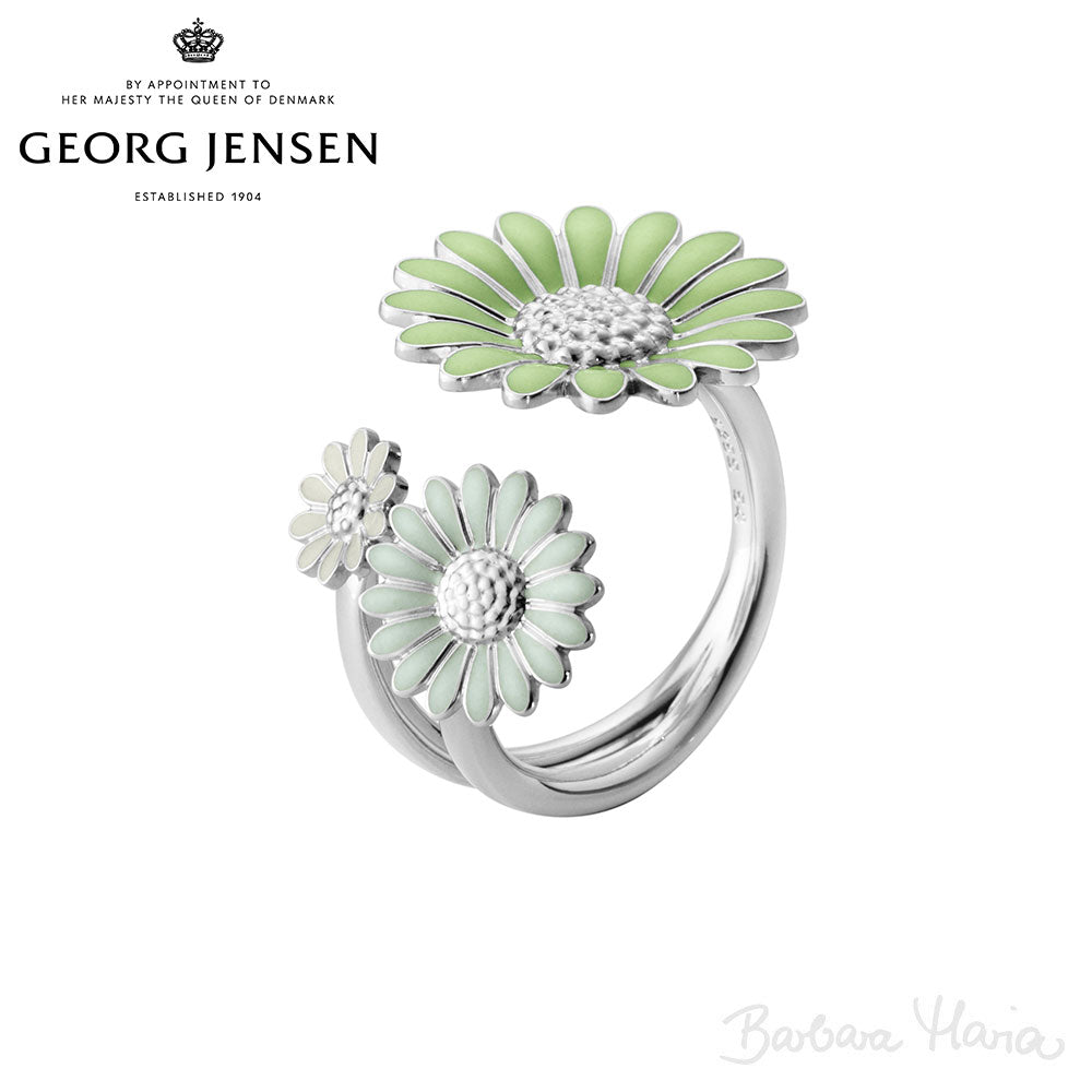 Georg Jensen Daisy 3 Flower ring i sterlingsølv m. grøn emalje  - 20001317