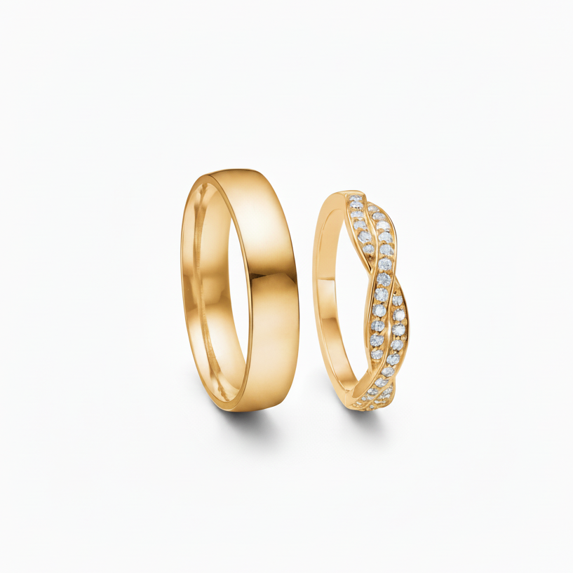 Harmony forlovelsesringe eller vielsesringe i blankt 14kt guld. Dameringen er flettet på oversiden, hvor der er indfattet 0.30ct TW.VVS brillanter. Ringene er meget komfortable at have på, da de er behageligt afrundet indvendigt. Ringene er designet af Ma